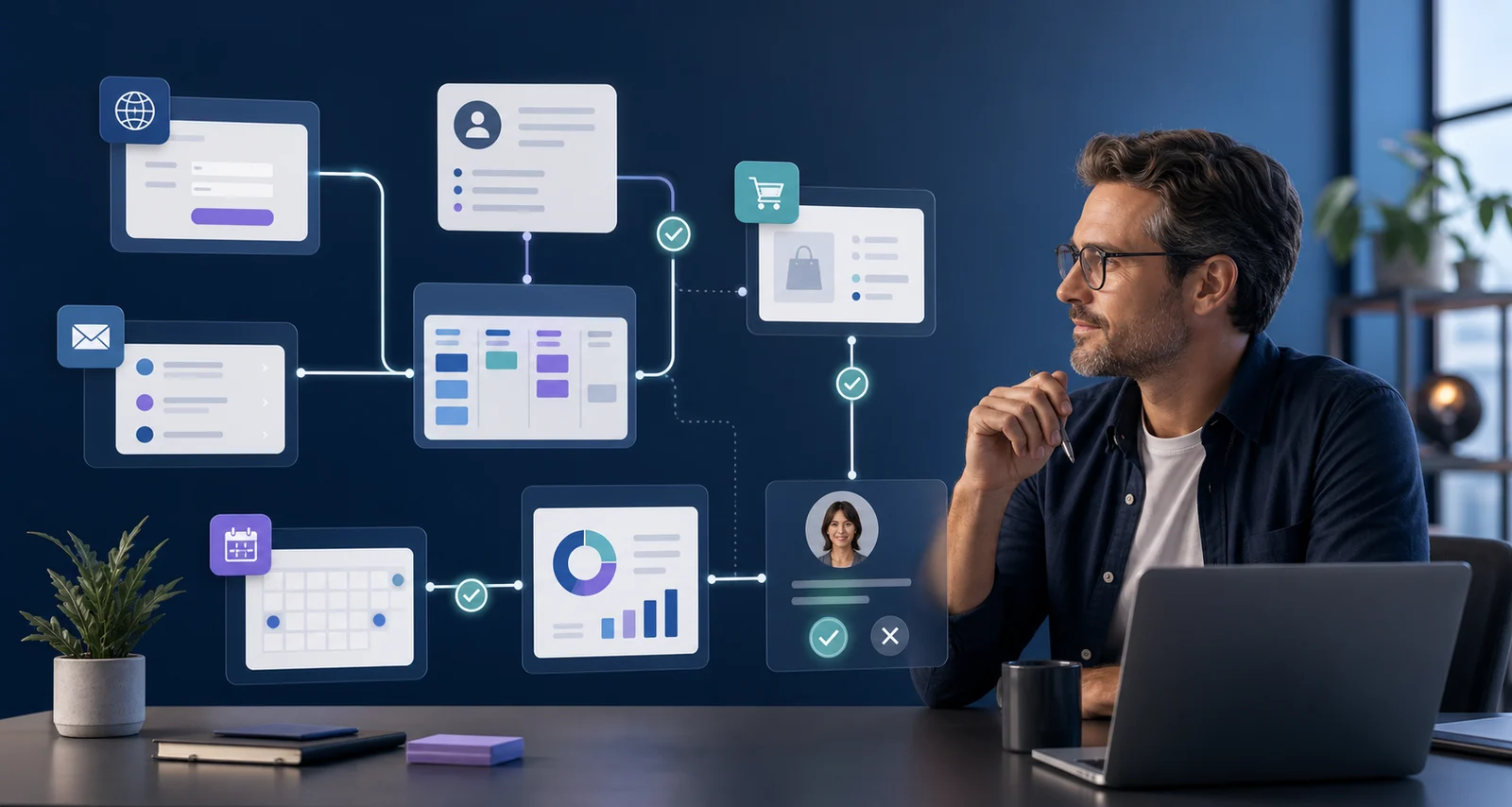 A business owner supervising connected AI-agent workflows across a website, inbox, CRM, e-commerce store and reporting dashboard