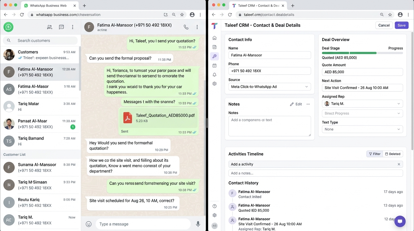 Real-Time Synchronization Between WhatsApp Mobile Chat and Taleef CRM Desktop Pipeline