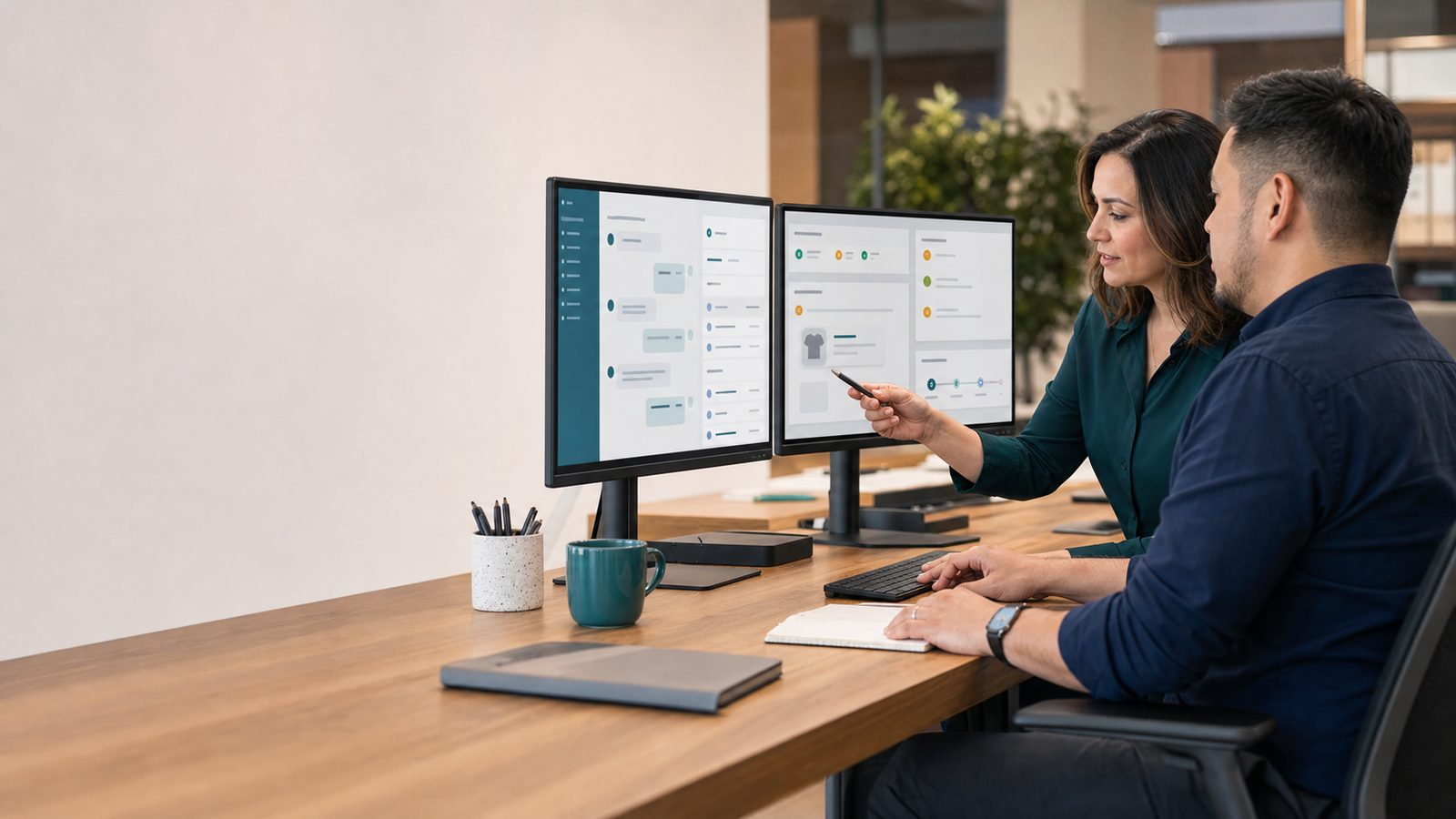 Customer-experience professionals reviewing a connected conversation and commerce workspace