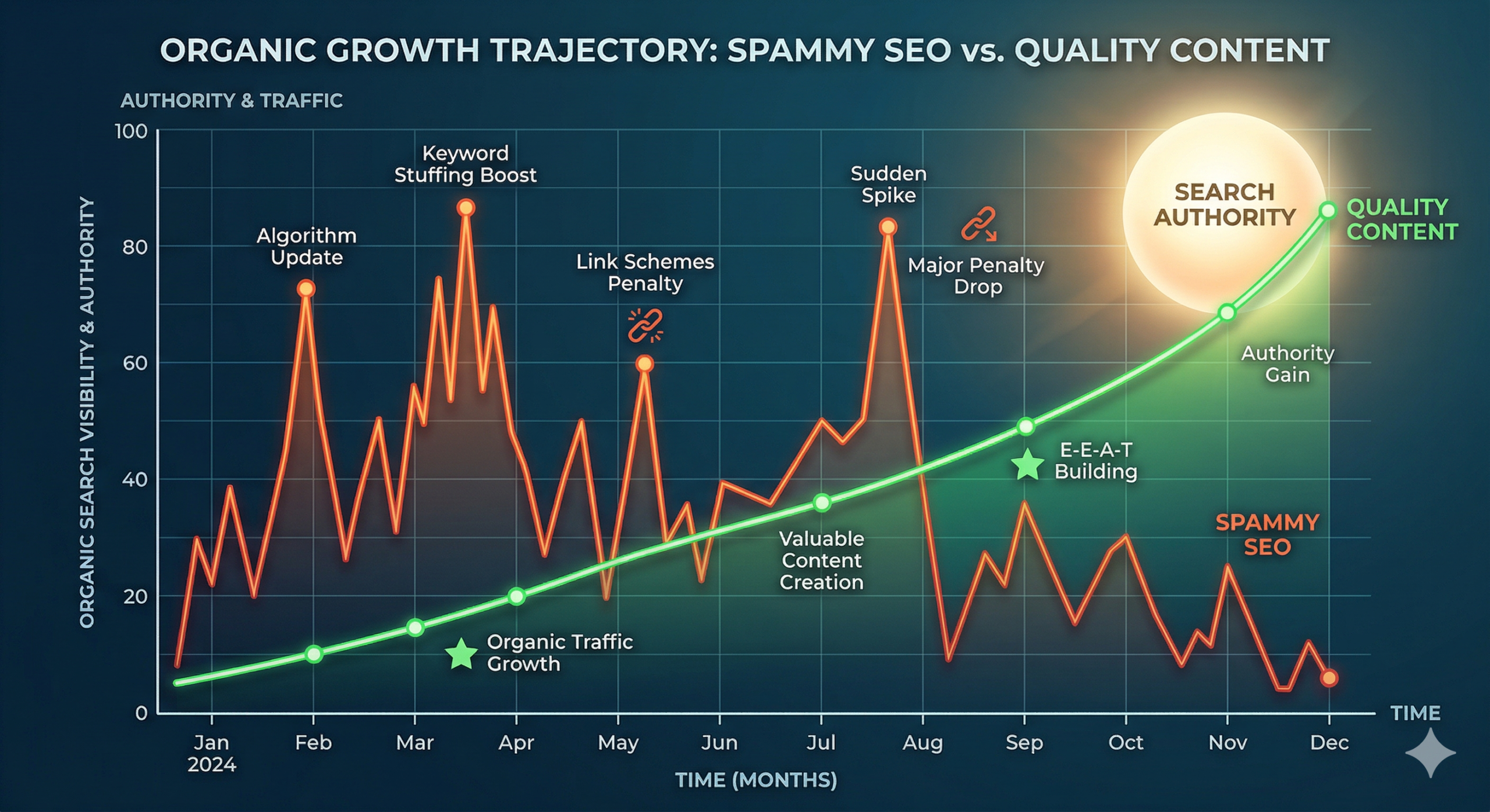 Graph illustrating how the Google March 2026 Spam Update penalizes spammy SEO tactics while rewarding high-quality content with steady organic growth.